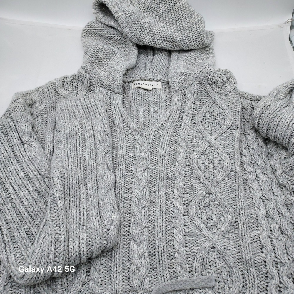 Aeropostale Gray Cable Knit Hoodie Sweater‎ Cropped Drawstring Size S